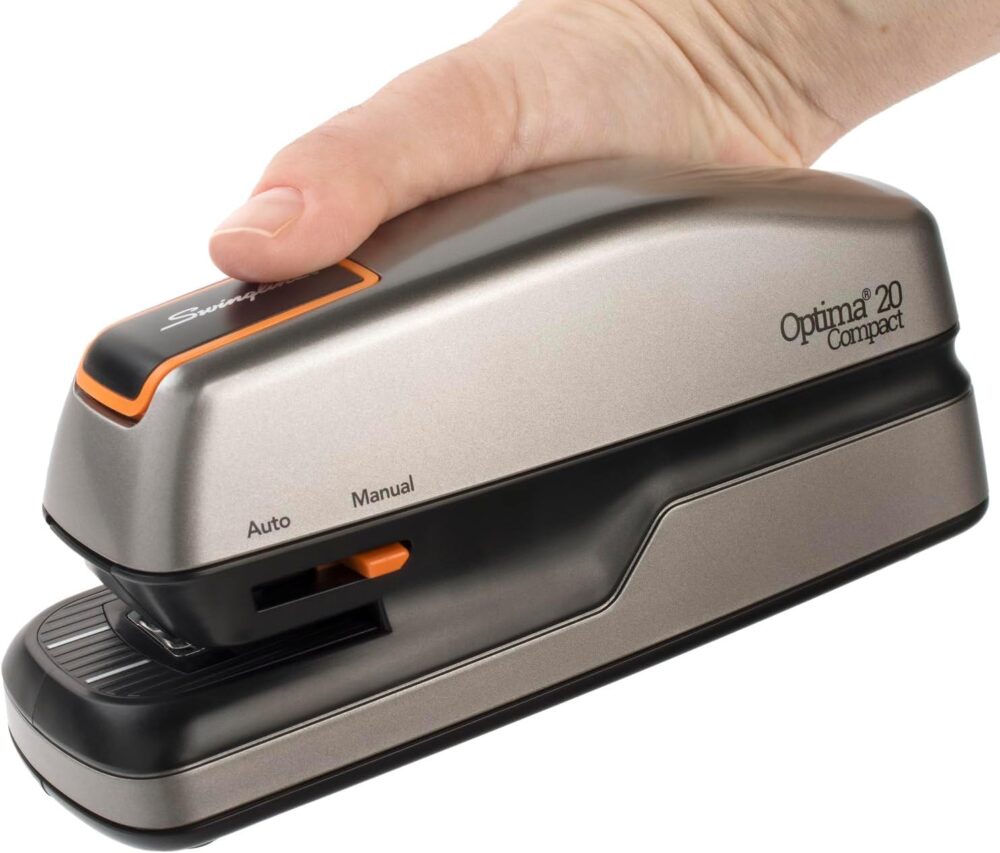 Swingline Electric Stapler, 20 Sheet Capacity, Optima 20, Jam Free, Compact, Automatic or Manual, Plug In or Battery, Orange and Gray (48207) - Image 2