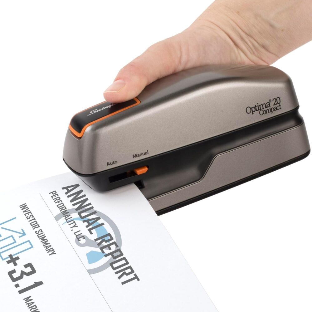 Swingline Electric Stapler, 20 Sheet Capacity, Optima 20, Jam Free, Compact, Automatic or Manual, Plug In or Battery, Orange and Gray (48207) - Image 4