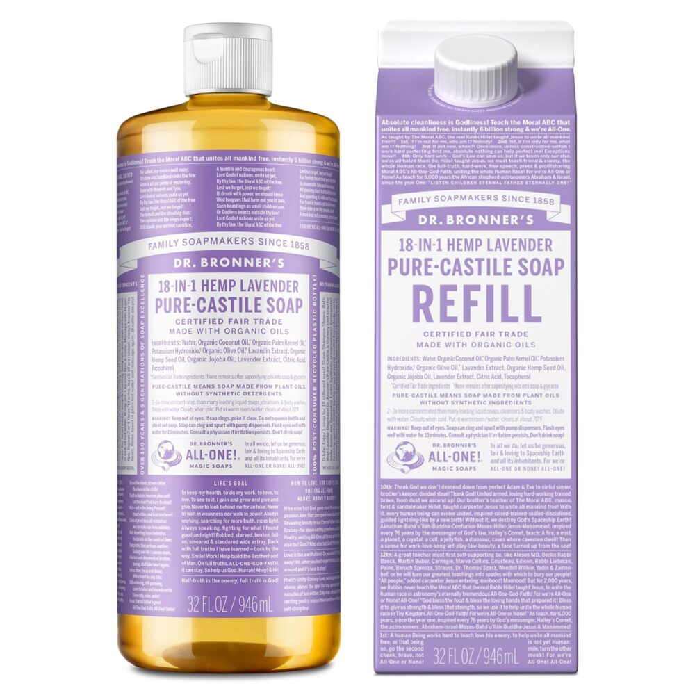 Dr. Bronner's Pure-Castile Liquid Soap Bottle & Refill Carton - Made with Regenerative Organic Certified Oils, 82% Less Plastic-18-in-1 Uses for...
