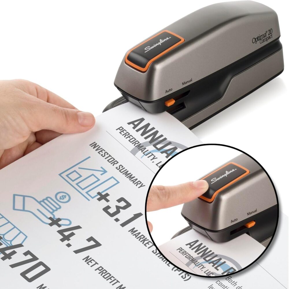 Swingline Electric Stapler, 20 Sheet Capacity, Optima 20, Jam Free, Compact, Automatic or Manual, Plug In or Battery, Orange and Gray (48207) - Image 3
