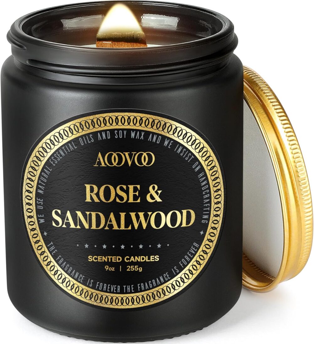 Scented Candles for Men – Rose & Sandalwood Candles for Home Scented | Crackling Wood Wick Soy Candles